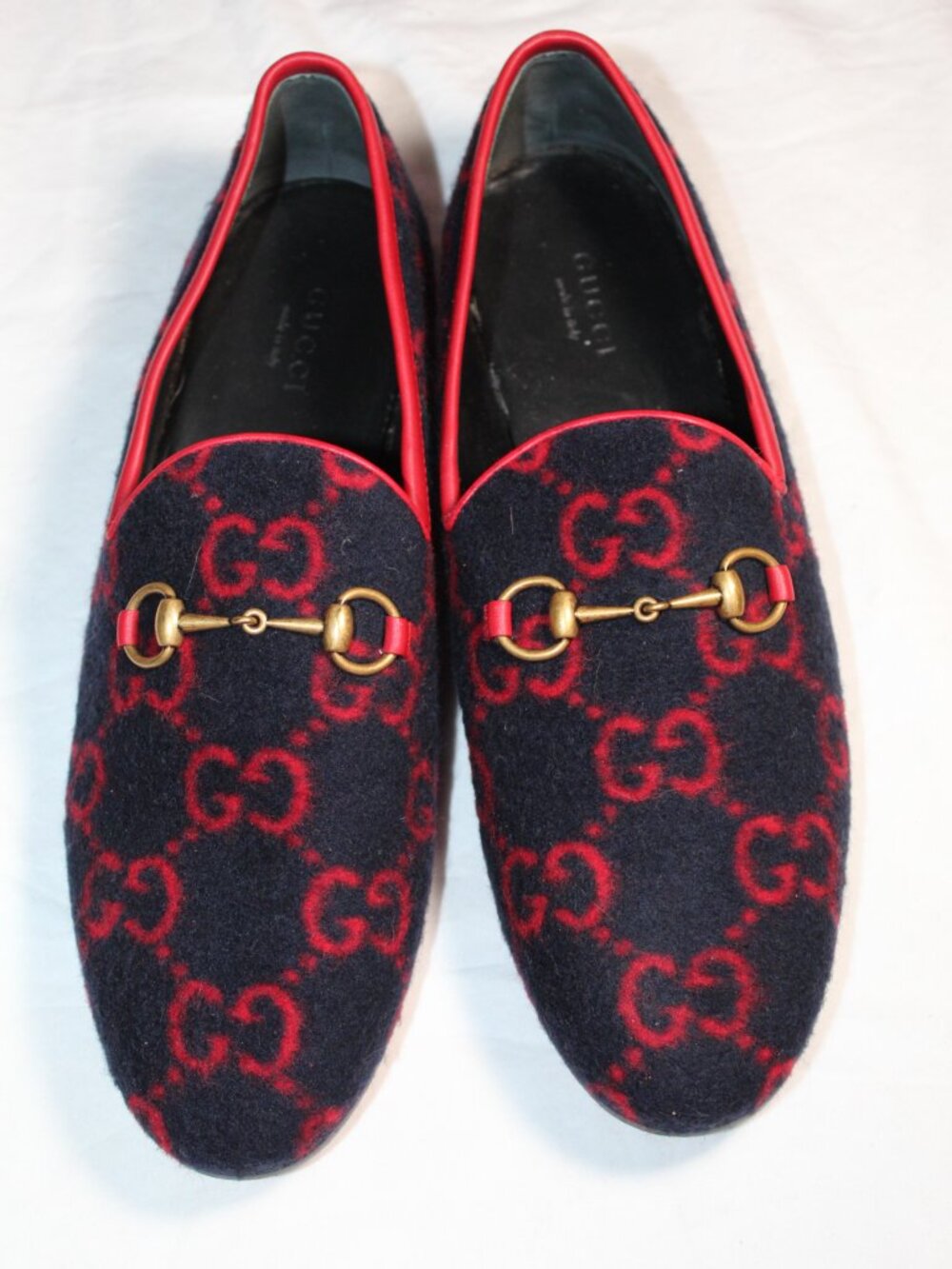 Gucci GG Horsebit Moccasin Jordaan Flats Loafers Slip Ons GG Jumbo Wool 38.5
